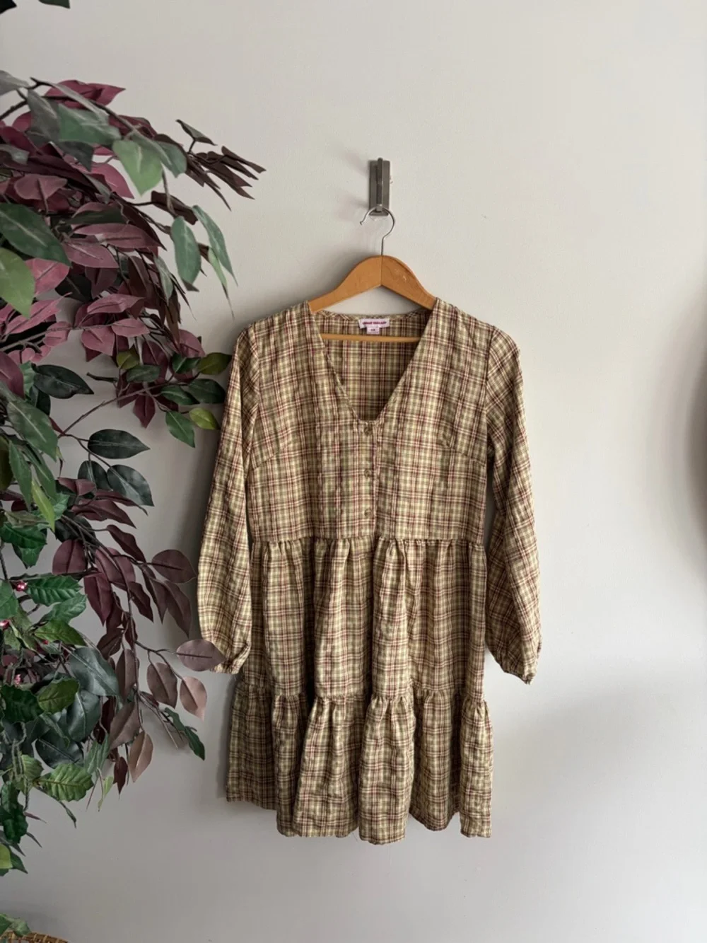 Urban threads Neck Tiered Midi Dress in Beige Plaid - Picture 2 of 5